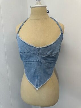 BDG Large Denim Jean Halter Bandana Top Light Blue Raw Hem Festival Summer